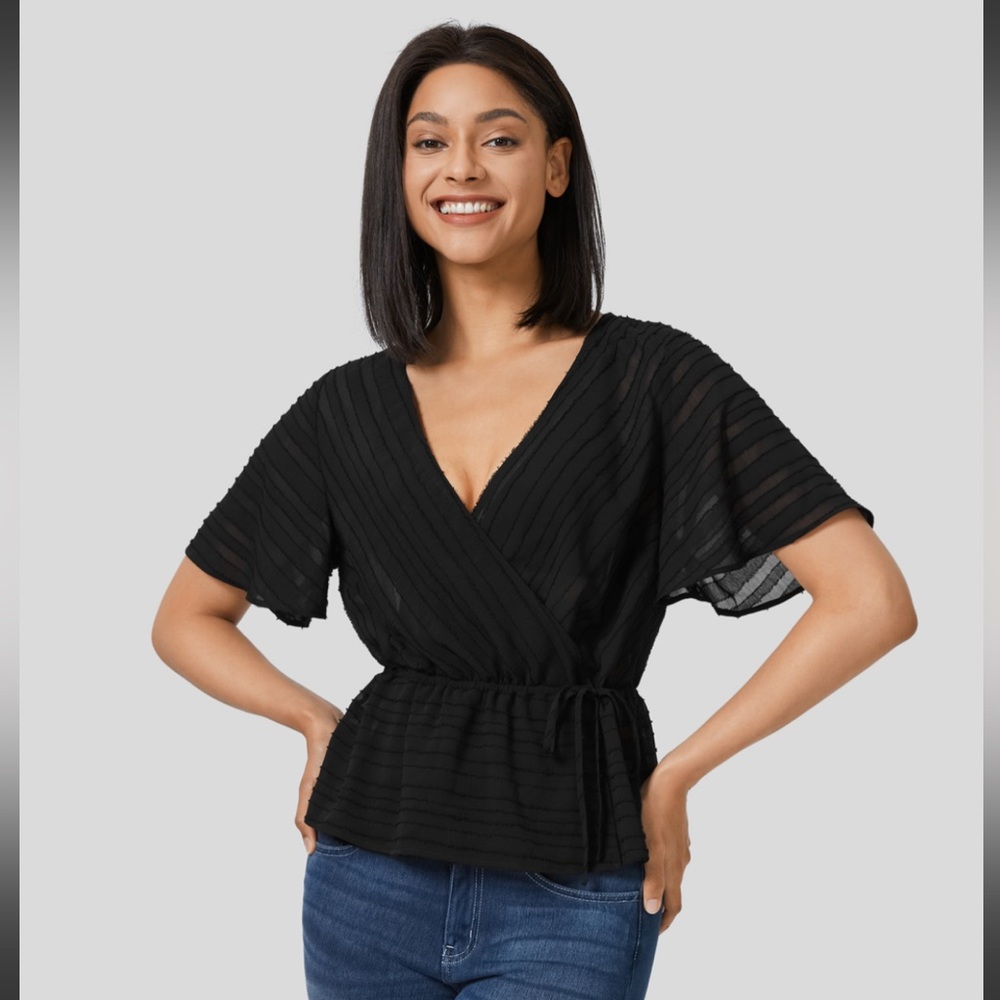 Black Surplice Neck Wrap Drawstring Jacquard Work Peplum Blouse